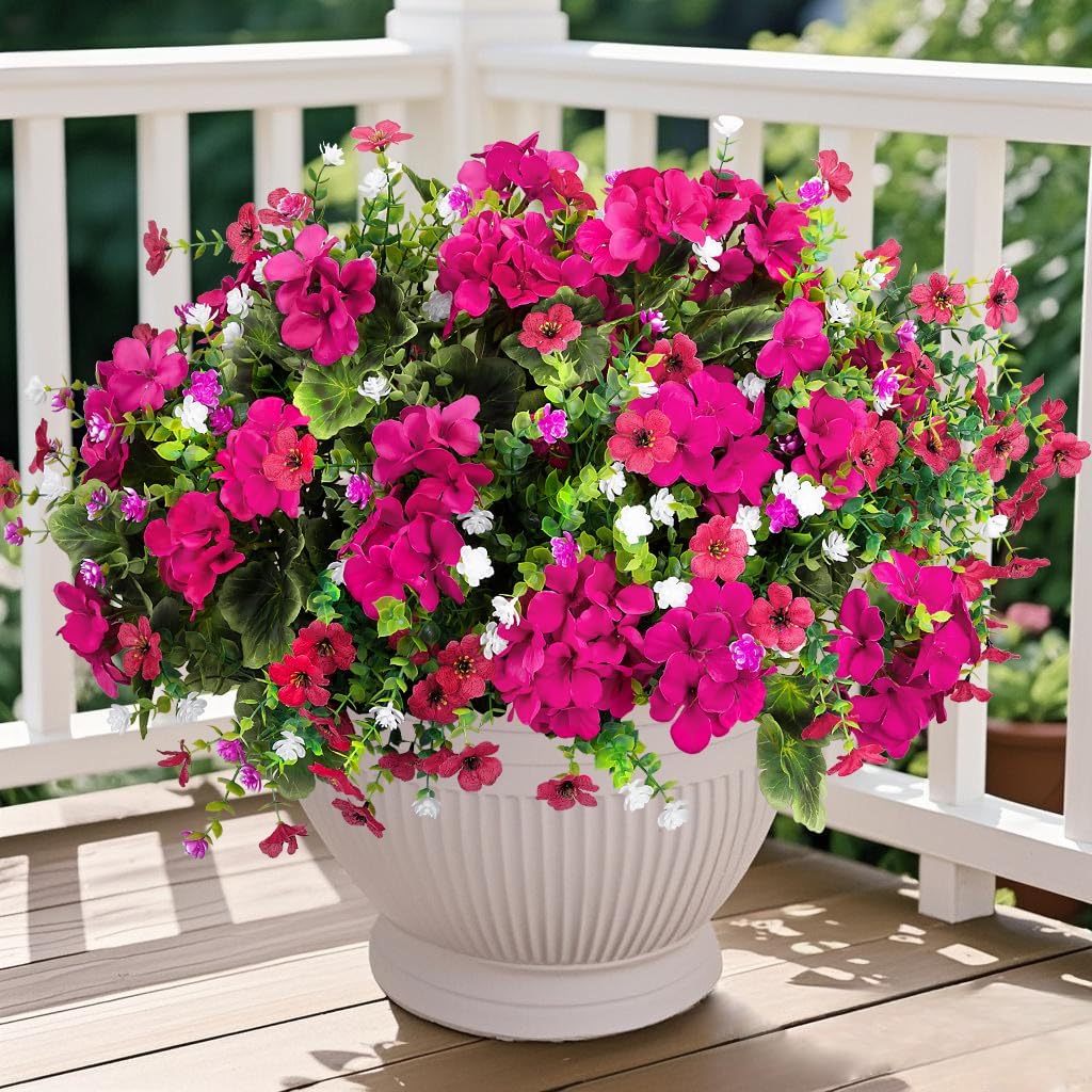 Ouddy Decor 18" Artificial Geranium Flowers for Outdoors, 10 Bundles Mixed Fake Silk Flowers Plastic Plants UV Resistant for Summer Garden Porch Patio Planter Kitchen Table Home Decor, Red
