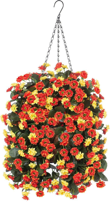 Artificial Flowers in Hanging Basket for Outdoors Spring Decor, Fake Mums Flowers Faux Plants with Basket for Indoors Home Porch Garden Yard Patio Decoration (Purple Pink)