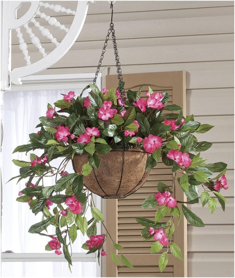 Lush Artificial Impatiens Hanging Basket Outdoor Decor Accent