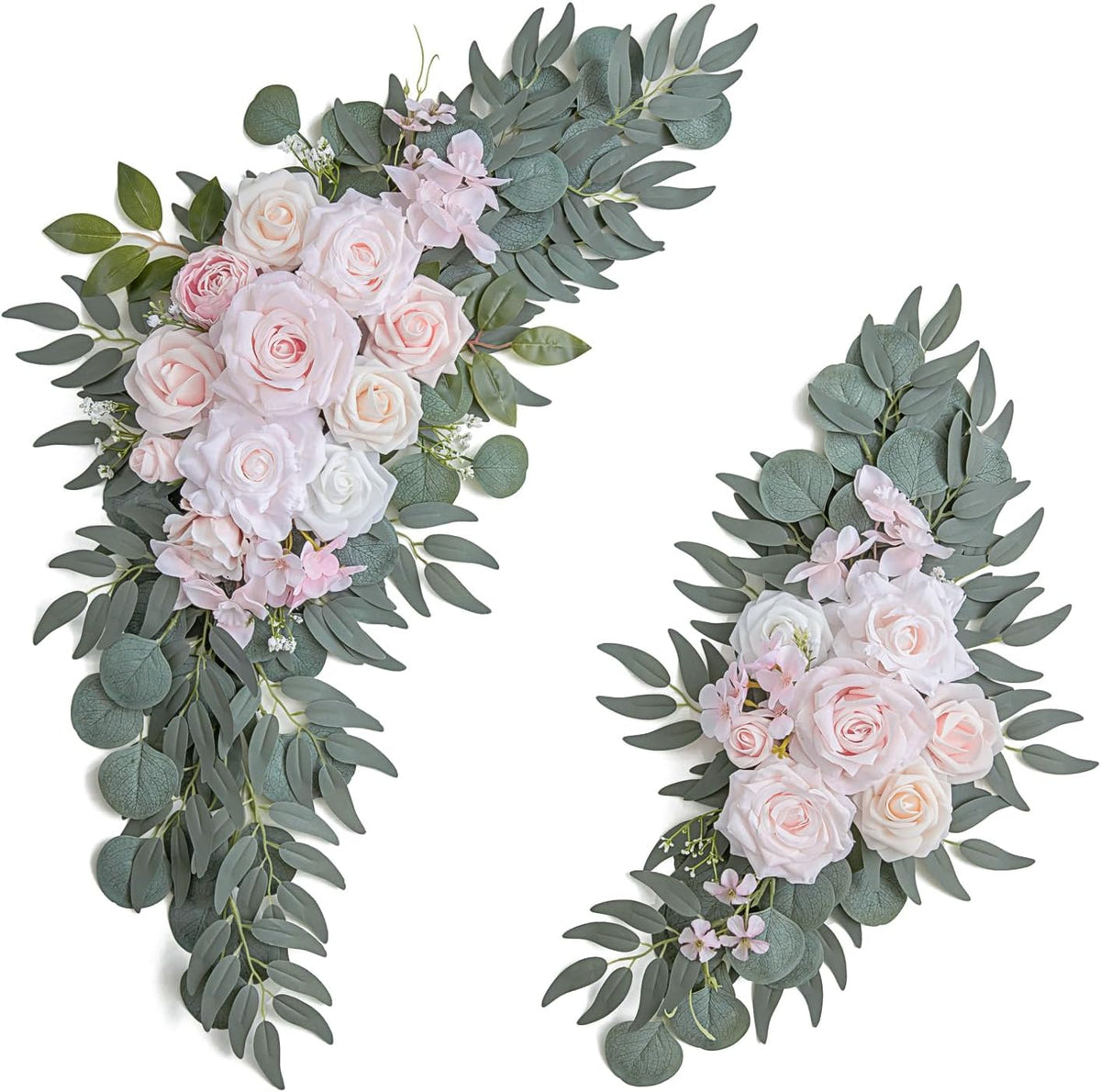 2-Pack Sage Green & White Wedding Flower Swag Set, Large: 35.43"L x 14.56"W, Small: 24.80"L x 12.99"W, Artificial Flowers for Wedding Arch, Ceremony, Table Centerpieces, Wall Hanging