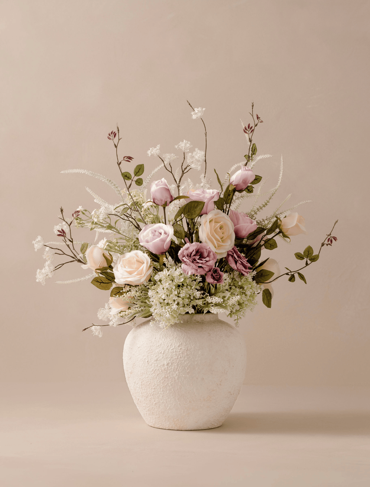 Faux Spring Floral Arrangement - Blush and Peach Roses with Wispy Foliage