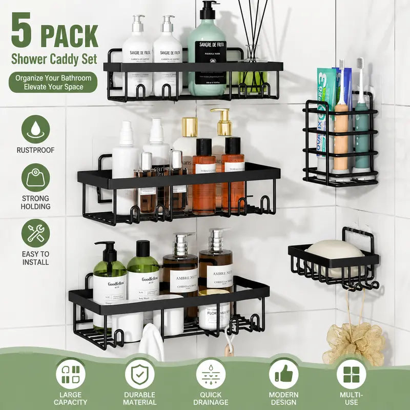 5-Pack Modern Matte Black Self-Adhesive Shower Caddy Set - No-Drill Stainless Steel Storage