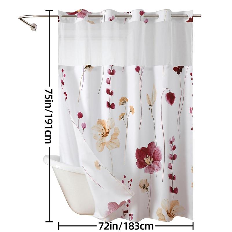 Ink and Wash Floral Double-Layer Shower Curtain, Hookless Country Style Decor, 72x75in