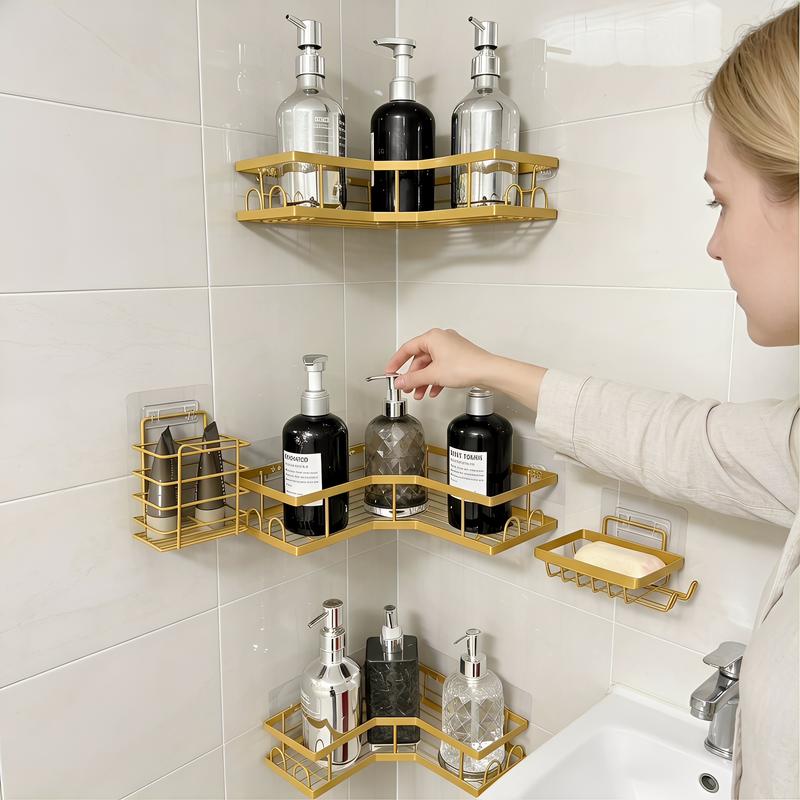 5-Pack Modern Matte Black Self-Adhesive Shower Caddy Set - No-Drill Stainless Steel Storage