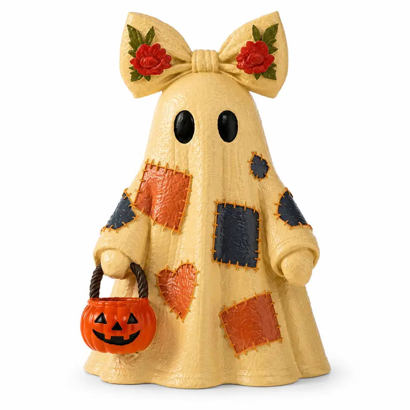 Lighted Patchwork Ghost with Pumpkin Lantern - Modern Minimalist Halloween Figurine