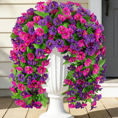 Artificial Fake Hanging Flowers Plants for Outdoor Decoration, 2PCS Faux Silk Morning Glory Long Vines Stems UV Resistant Look Real for Spring Summer Outside Home Porch Patio(Violet Red Purple)