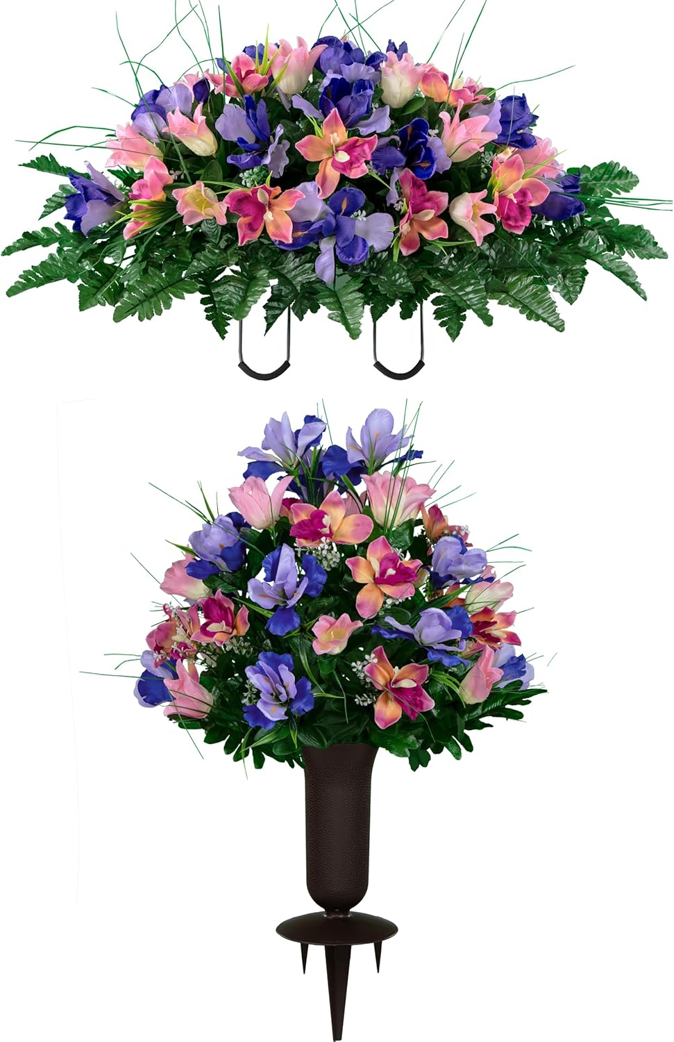 Sympathy Silks Ruby's Silk Flowers Artificial Flowers - Weighted Pot Bouquet Decoration - Height 18"-20" - Red Tulip and White Iris Potted Flowers