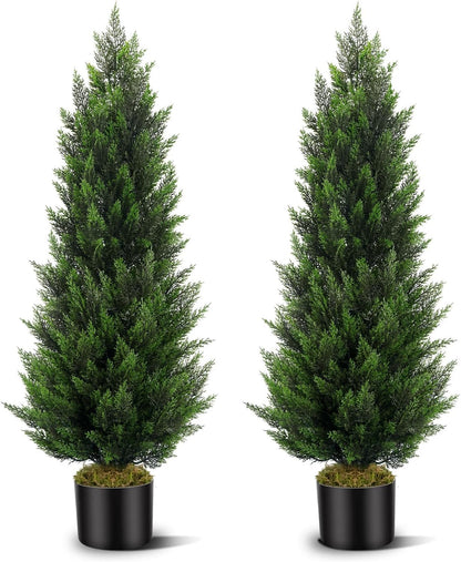 Artificial Topiary Cedar Trees 3FT Tall 2 Set with 12 Bundles Faux Silk Flowers, Outdoor Indoor Faux Pine Shrubs Plants, Fake Bushes Plants for Home Front Porch Door Patio