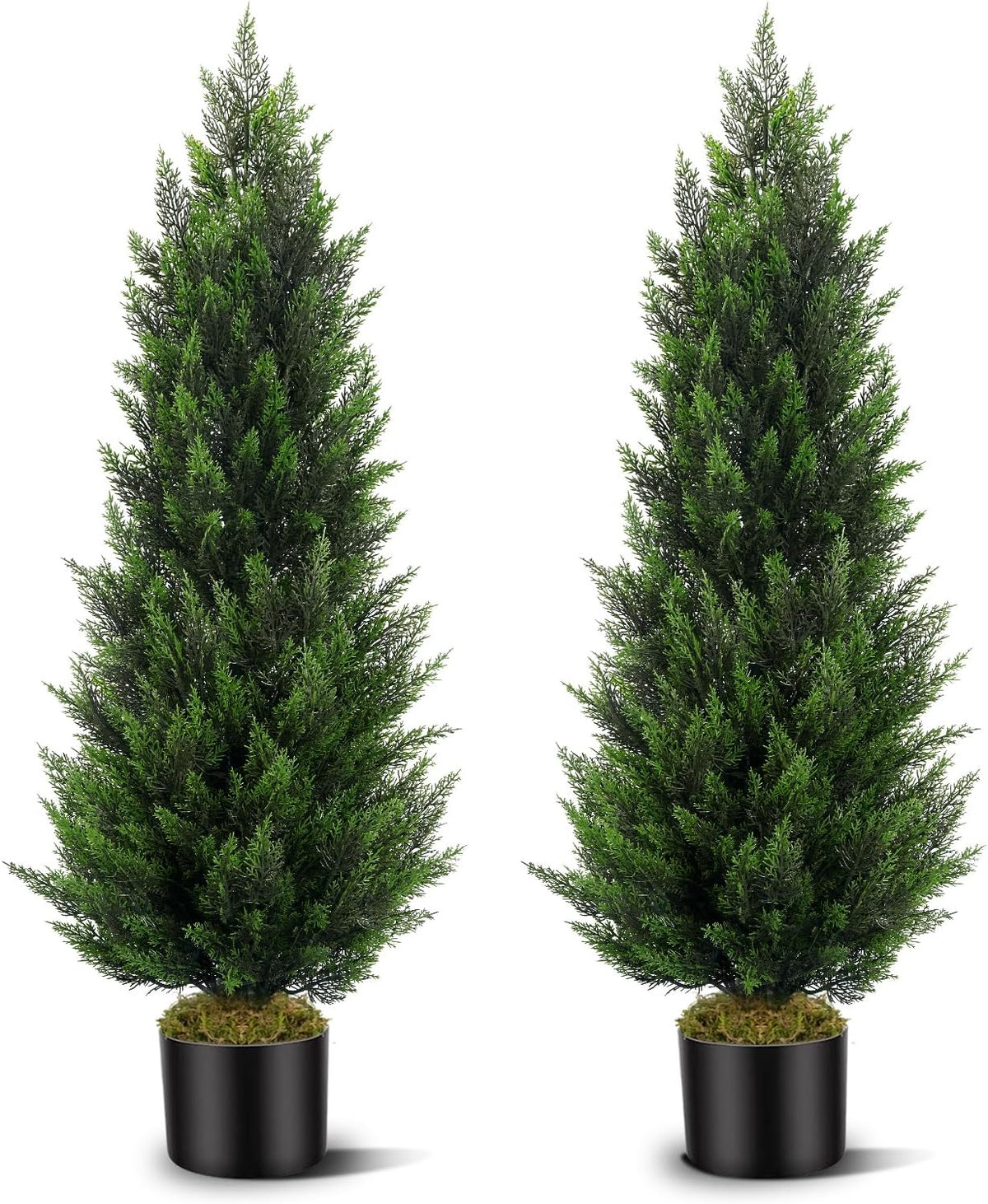 Artificial Topiary Cedar Trees 3FT Tall 2 Set with 12 Bundles Faux Silk Flowers, Outdoor Indoor Faux Pine Shrubs Plants, Fake Bushes Plants for Home Front Porch Door Patio