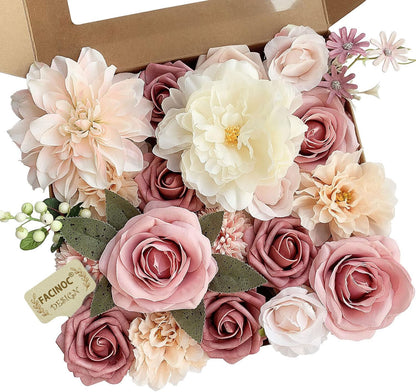 Roses Artificial Flowers Pink Bouquets Box Set for DIY Bridal Wedding Shower Decorations Fake Floral Arrangements for Party Table Centerpieces Home Decor Indoor Outdoor Dusty Blush 19 Pcs