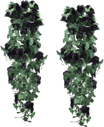 RECUTMS Artificial Hanging Rose Flower Plants Outdoor with 30 LED Fairy String Lights Fake Flowers for House Garden Patio Front Porch Indoor Decor (Purple)