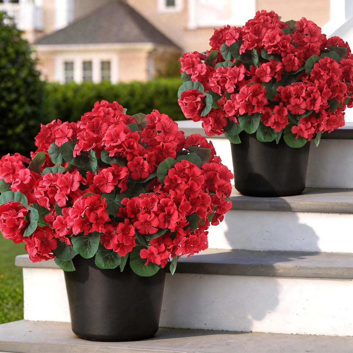 2 Pack Artificial Geranium Flowers Topitary Trees for Outdoors, UV Resistant Geraniums Potted Bushes Look Real Silk Faux Plants for Front Door Garden Porch Planter Farmhouse Home Decor (Peach Red)
