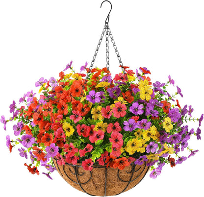 Artificial Faux Hanging Flowers Plants with Basket for Outdoor Spring Decoration, Fake Silk Daisy Outside Indoor UV Resistant Look Real Yard Patio Front Porch Garden Balcony Home Decor(Mix2)