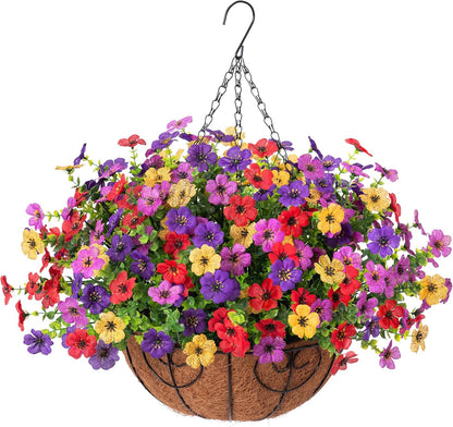 Artificial Faux Hanging Plants Flowers Basket for Spring Outdoor Decoration, Fake Silk Daisy UV Resistant Look Real with Eucalyptus Leaves Summer Outside Decor for Home Patio Garden