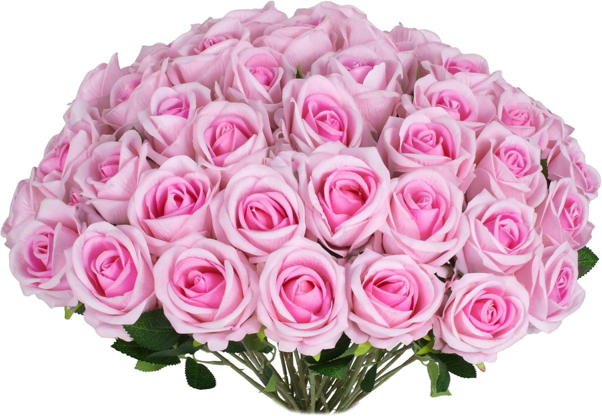 50 PCS Fake Pink Roses, Artificial Flowers Bulk Realistic Silk Faux Rose with Stems for Wedding Decoration Bridal Bouquet Birthday Celebrations DIY Floral Arrangement Home Decor