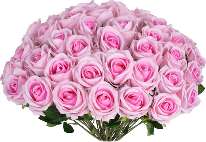 50 PCS Fake Pink Roses, Artificial Flowers Bulk Realistic Silk Faux Rose with Stems for Wedding Decoration Bridal Bouquet Birthday Celebrations DIY Floral Arrangement Home Decor