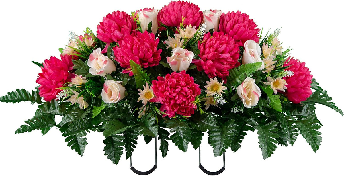 Sympathy Silks Artificial Cemetery Flowers – Realistic Vibrant Roses, Outdoor Grave Decorations - Non-Bleed Colors, and Easy Fit - 1 Purple Mum and Yellow Rose Saddle for Headstone