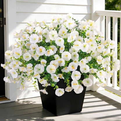 Artificial Flowers for Outdoors, 12 Bundles Fake Plastic Flower Plant, UV Resistant Faux Colorful Silk Morning Glory Petunias for Spring Summer Outside Garden Porch Front Door Decor, Purple