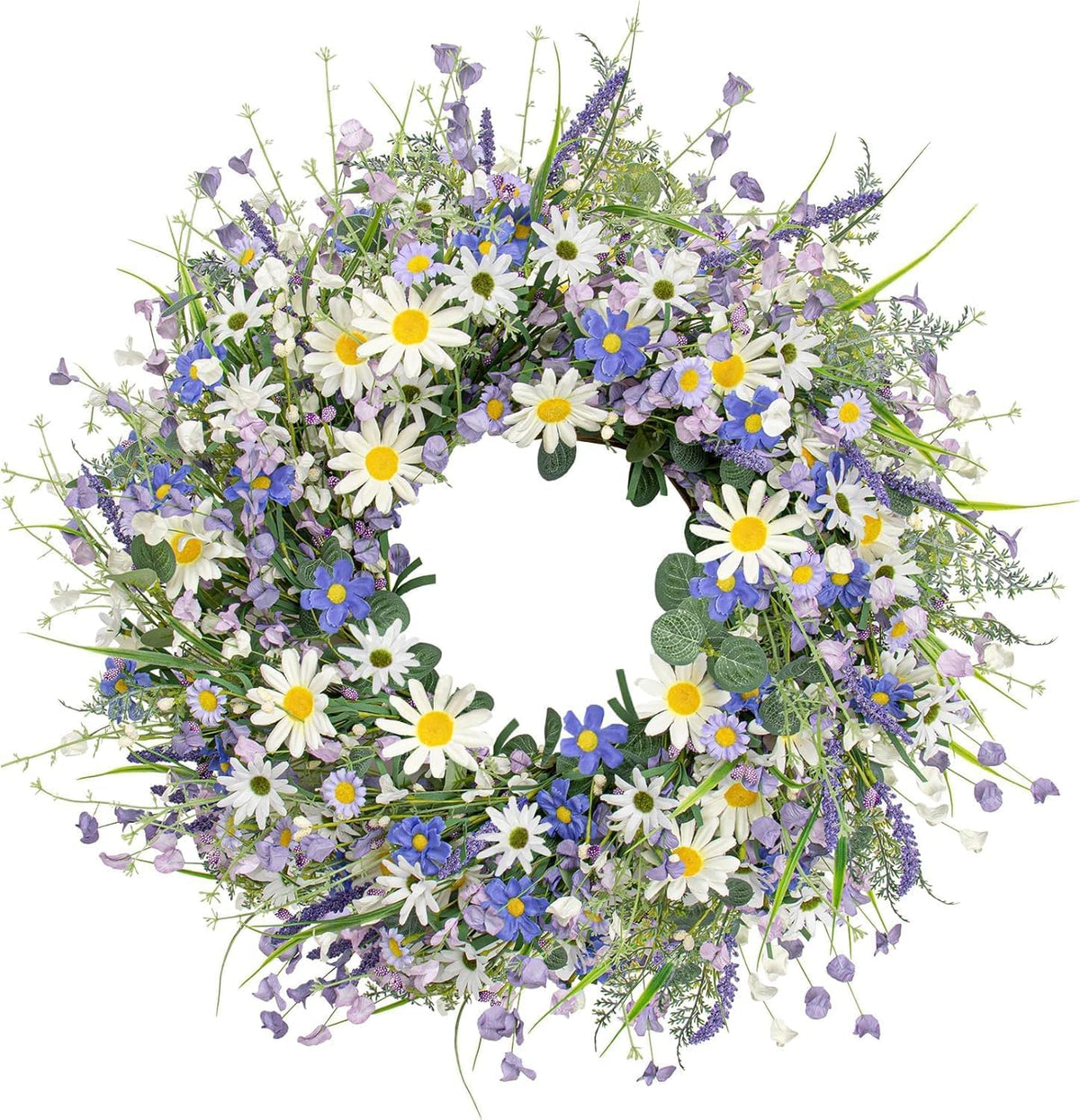 24 Inches Spring Wreaths for Front Door Blue Spring Door Wreath Summer Floral Wreath with Wildflower White Sunflower for Porch Indoors Outdoor Window Home Decorations