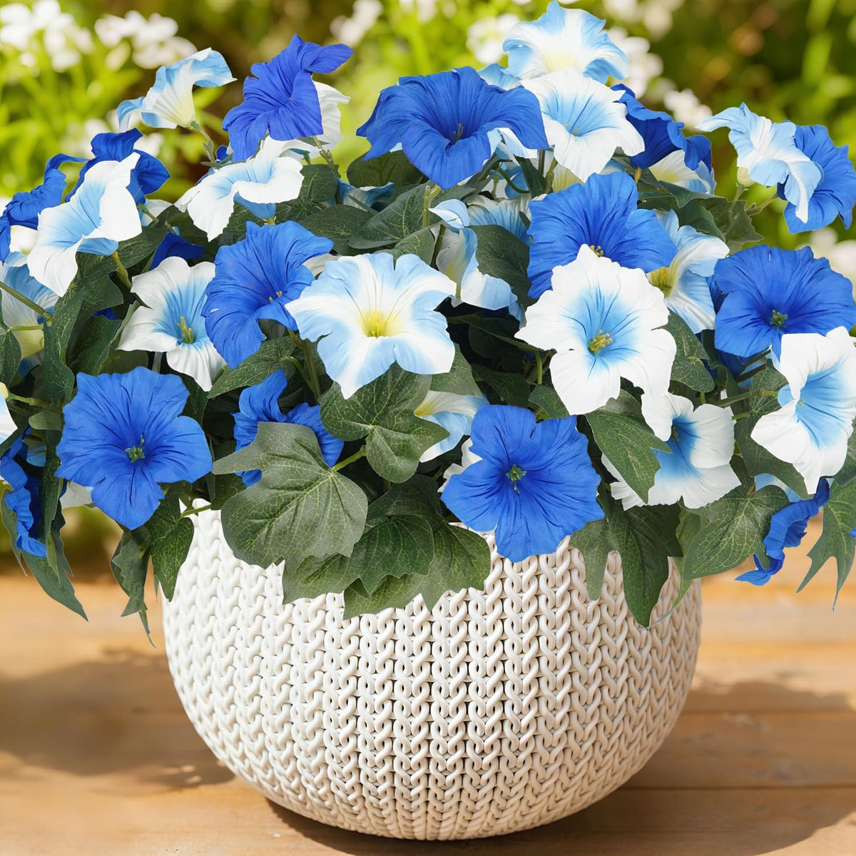 Artificial Flowers for Outdoors, Faux Petunias Spring Summer Decoration, Fake Flowers Plants UV Resistant Look Real Silk Flowers for Outside Planter Front Door Porch Patio Yard (6, Purple-White)