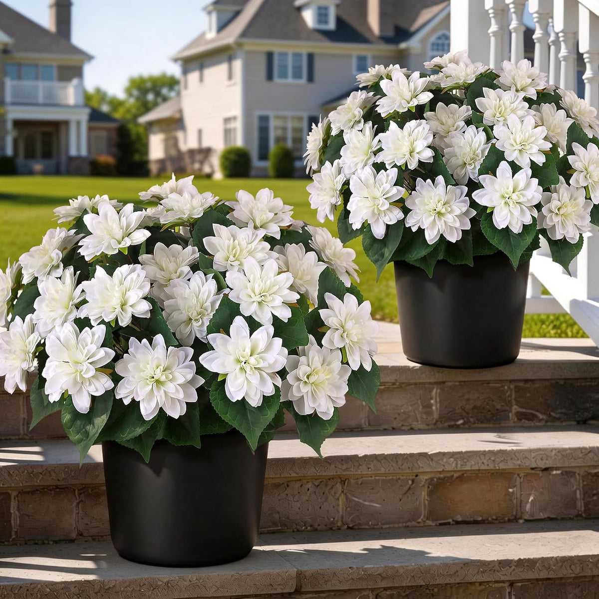 2 Set of Artificial Dahlia Topiary Ball Trees - Fake Silk Dahlia Flower Bushes, UV Resistant Faux Floral Shrub Potted for Front Door Porch Farmhouse Wedding Outdoor Decor (Pink)