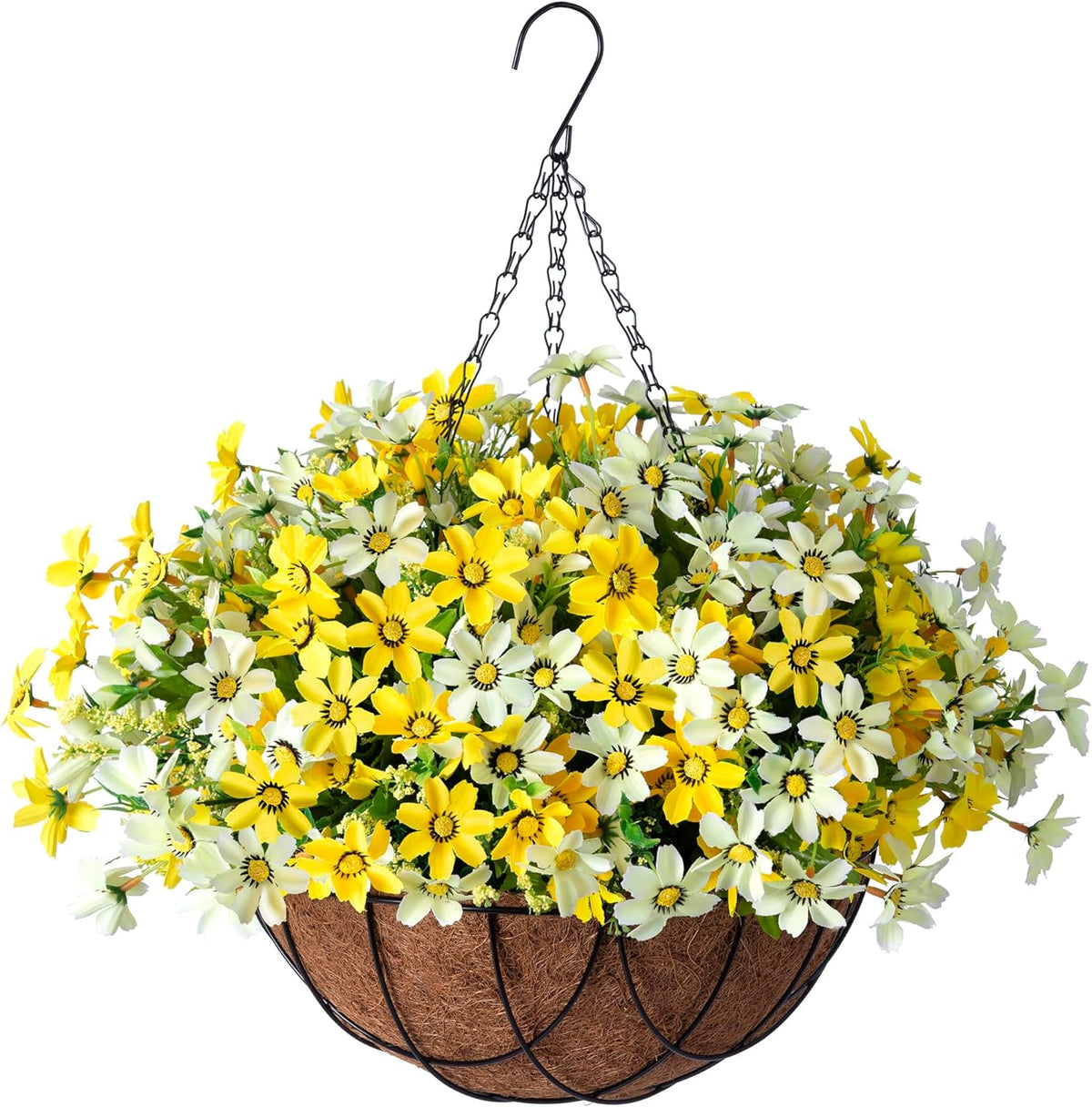 Artificial Silk Flowers Hanging Baskets Outdoors, Chrysanthemum with Eucalyptus Leaves Arrangement for Garden Yard Decor, Faux Plant in Metal Coconut Lining Flowerpot (Yellow)