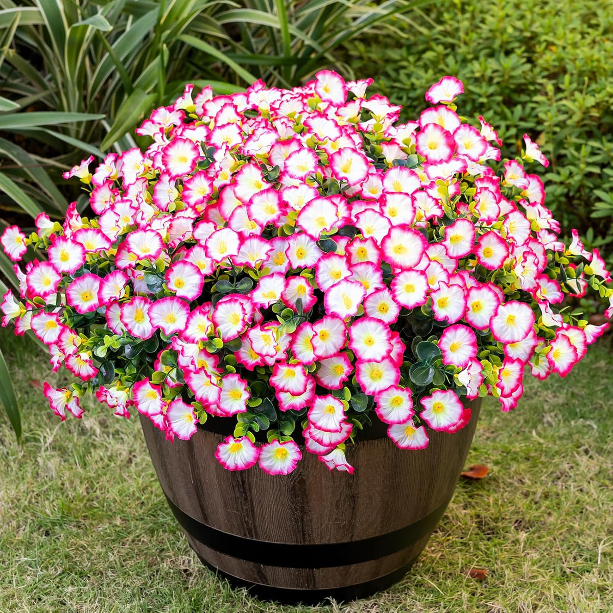 Artificial Faux Flowers for Outdoor 16 Bundles Boxwood Fake Morning Glory for Planter, UV Resistant Fake Flowers for Home Porch Patio Outside（8 Color）