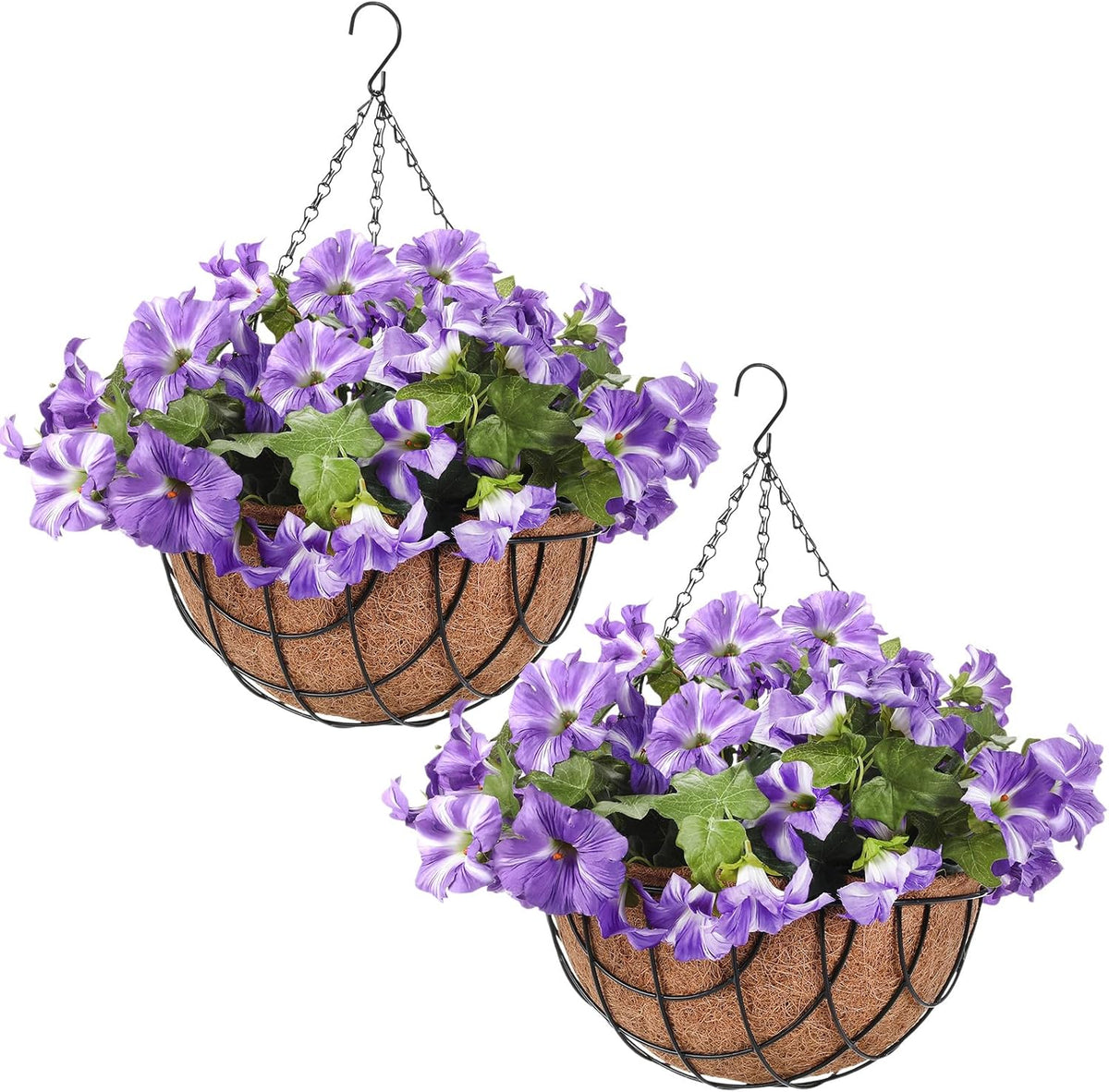 2 Pack Artificial Hanging Flowers in Basket for Spring Summer Outdoor Decor Fake Hanging Plant Faux Petunias Flower with 12 inch Coconut Lining Basket for Patio Garden Porch Home (Fuchsia)