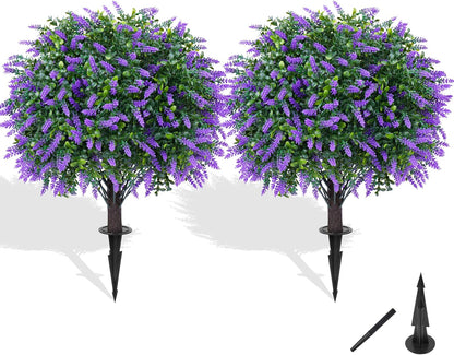 Artificial Boxwood Topiary Ball with Lavender, Set of 2 Artificial Shrub Bushes with Ground Spike, UV Resistant Fake Evergreen Plant Tree for Porch Outdoor Planters Indoor Valentine's Day