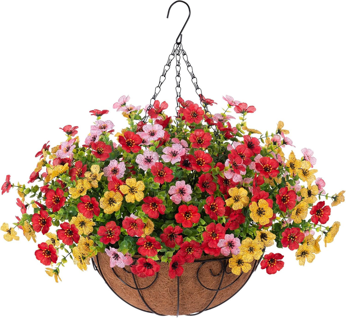 Artificial Faux Hanging Plants Flowers Basket for Spring Outdoor Decoration, Fake Silk Daisy UV Resistant Look Real with Eucalyptus Leaves Summer Outside Decor for Home Patio Garden