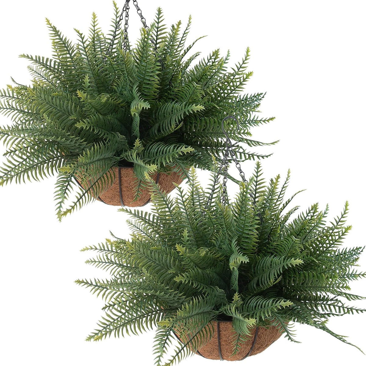 Fake Ferns Hanging Baskets, 2 Pcs Artificial Hanging Plants Outdoor, 2 Hanging Planters with 24 Pcs Fake Ferns for Indoor and Outdoor Decorations for Front Porch Garden Balcony Patio Home Decor (2, Green)