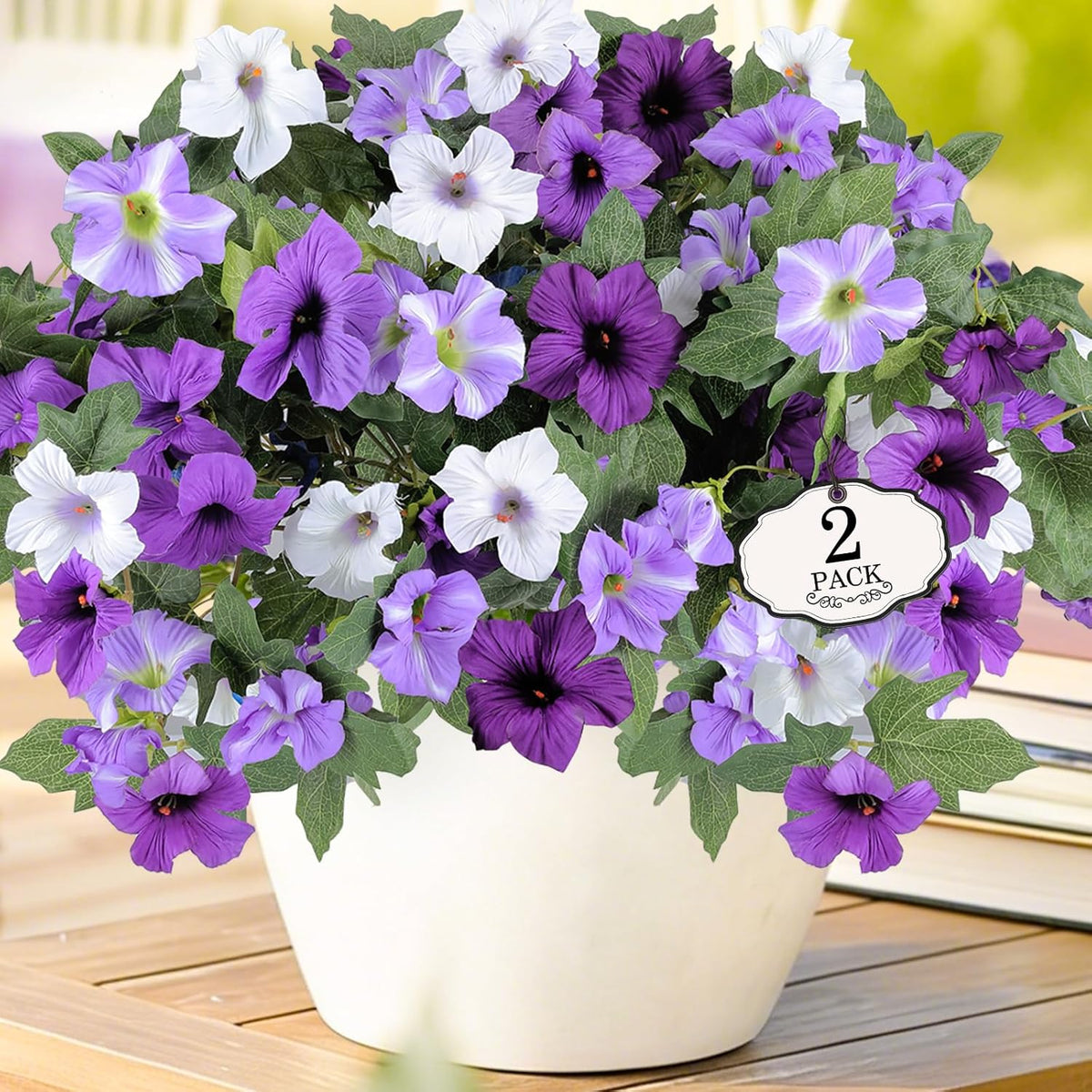 Artificial Fake Flowers for Outdoor Plants Decoration, 4 Pcs Faux Petunia Flowers Plants UV Resistant Silk for Porch Yard Garden Home Indoor Decor (Purple White)