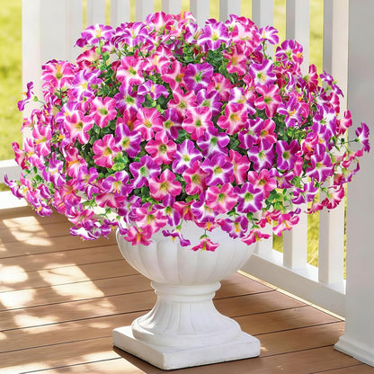 KHOYIME Artificial Flowers for Outdoor Decoration, 12PCS Faux White Purple Petunias Silk Flower UV Resistant Realistic Fake Plants for Outside Planter Garden Porch Yard Spring Summer Home Indoor Decor