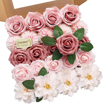 Roses Artificial Flowers Pink Bouquets Box Set for DIY Bridal Wedding Shower Decorations Fake Floral Arrangements for Party Table Centerpieces Home Decor Indoor Outdoor Dusty Blush 19 Pcs