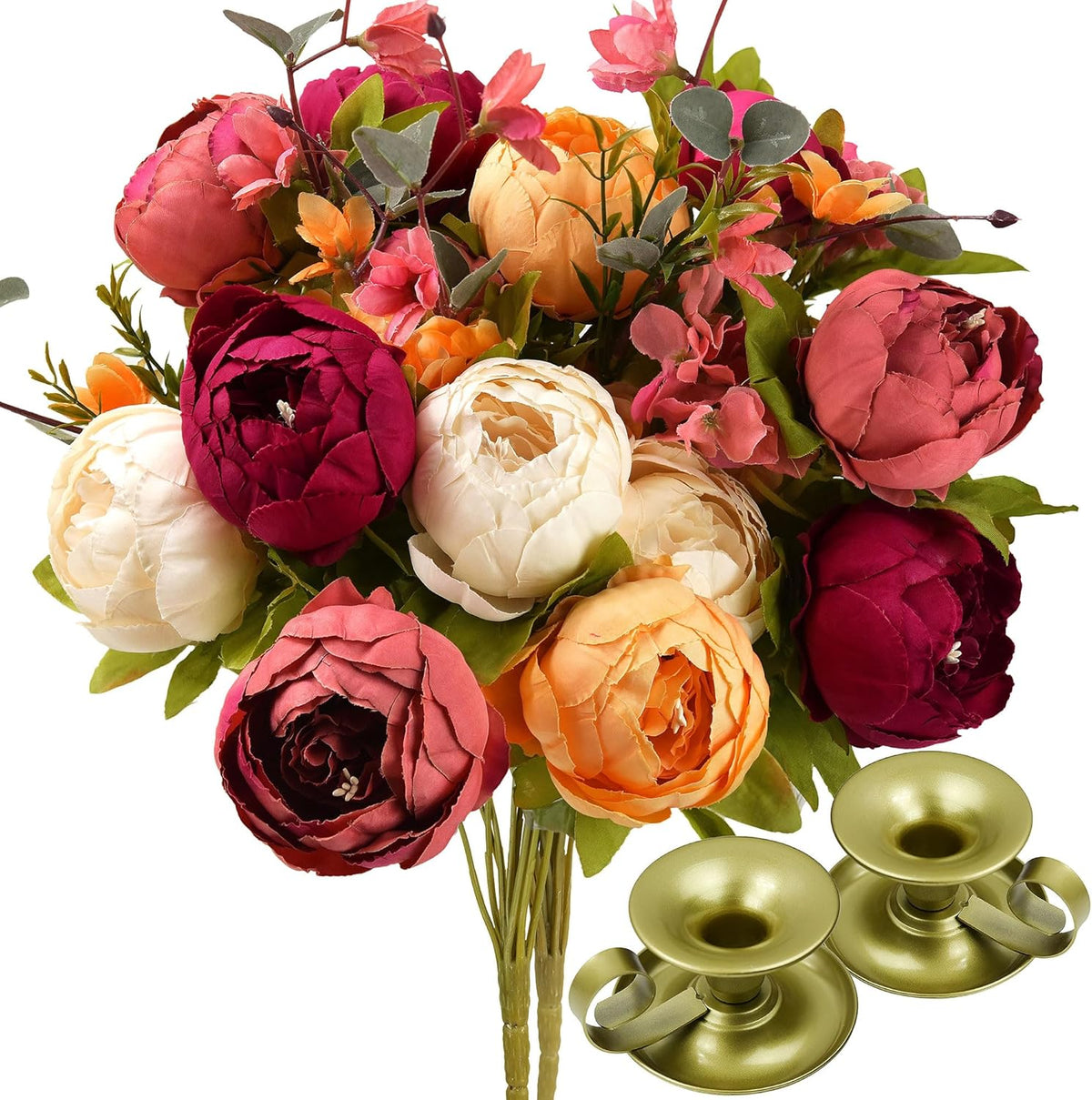 FiveSeasonStuff Artificial Peony Bouquets, 2 Cream Beige & Moss Green Silk Flower Bundles for Wedding Centerpieces & Home Decor – Vintage Peonies