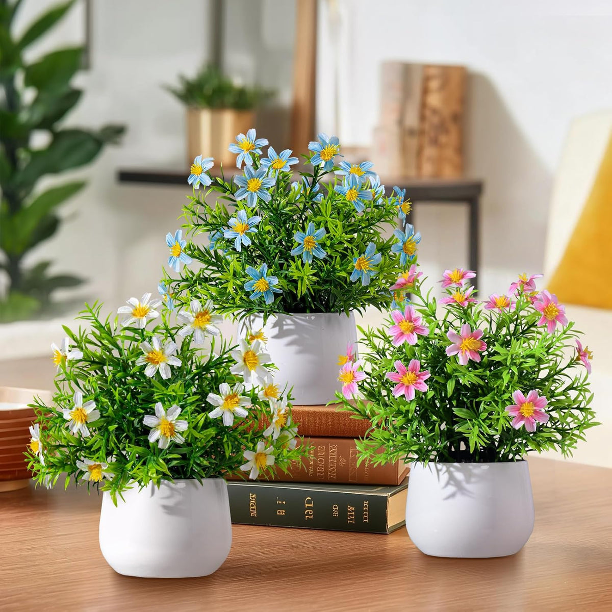 3 Pack Small Fake Plants Artificial Potted Flowers for Indoor Mini Faux Plants with Flowers Greenery for Home Decor Living Room Bathroom Bedroom Office Table Shelf (White+Yellow+Purple)