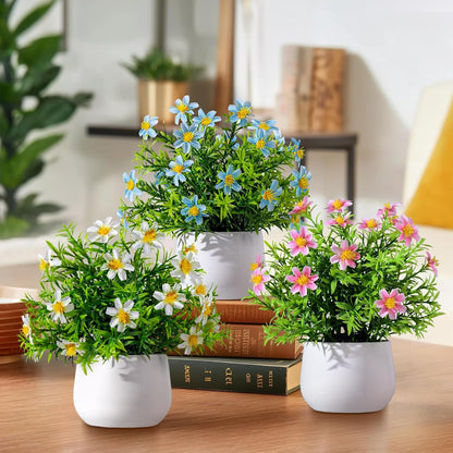 3 Pack Small Fake Plants Artificial Potted Flowers for Indoor Mini Faux Plants with Flowers Greenery for Home Decor Living Room Bathroom Bedroom Office Table Shelf (White+Yellow+Purple)