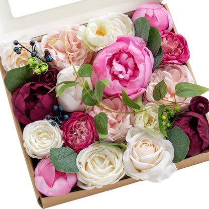 Ling's moment Fake Flowers Box, Faux Artificial Greenery Stems Foam Roses Poppy Gardenia Silk Hydrangea Peony Fabic Flower for Centerpieces Bouquet Wedding Floral Vase, English Pastel, Deluxe Combo