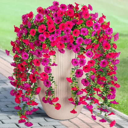 Artificial Hanging Petunia Flowers for Outdoor, 4 Pcs Fake Plants Long Vine Morning Glory Eucalyptus, UV Resistant Realistic Faux Greenery Indoor and Outdoor Patio Porch Garden Spring Summer Decor, Purple