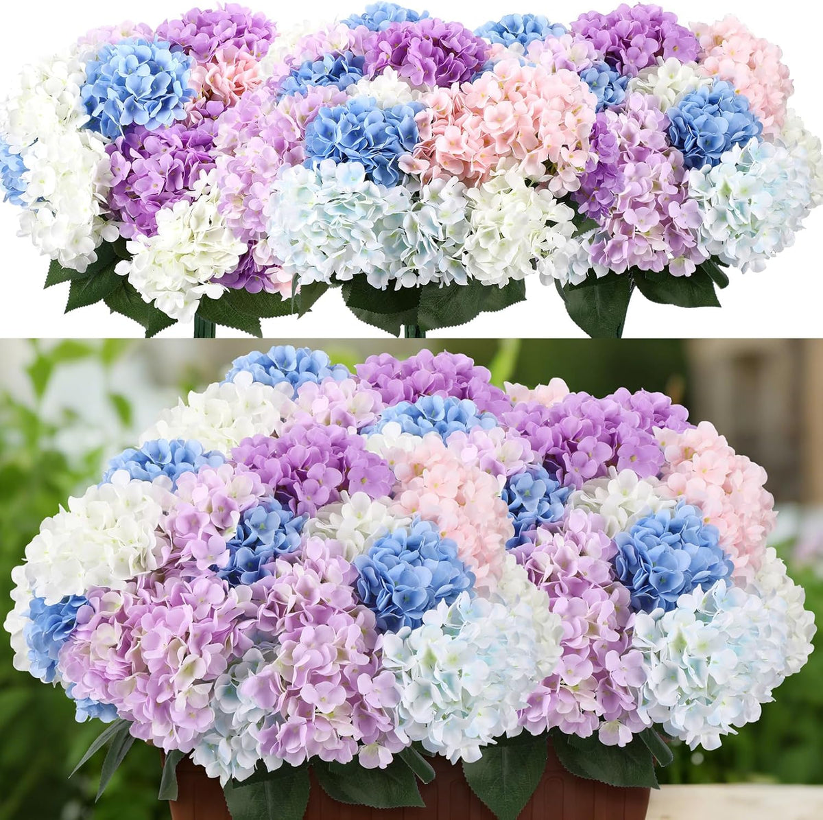 Blue Red and White 6 Bundles Hydrangea Artificial Flowers Bulk 30 Heads 20" Faux Fake Hydrangea for Spring Easter Decor Porch Indoor Outdoor Home Garden Wedding Table Centerpieces