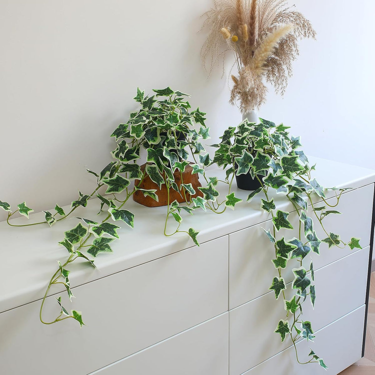 Fake Pothos Hanging Plants - 33" Set of 2 Artificial Silk Ivy Vines with Pots, Realistic Faux Greenery for Indoor Home Office Bathroom Decor, Low Maintenance Hanging Plant Decoration - Golden Green