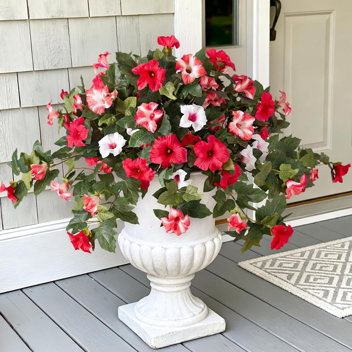2PCS Artificial Petunia Flowers for Outdoors, Fake Flowers for Outdoor Planters UV Resistant Faux Silk Petunias for Garden Porch Yard Balcony Patio Realistic Home Kitchen Decor(Double Purple)