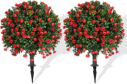 2Pcs Artificial Boxwood Topiary Ball Tree, UV Resistant Artificial Outdoor Shrubs with Spike, Decorative Evergreen Fake Topiary Bushes Plant for Front Porch Garden