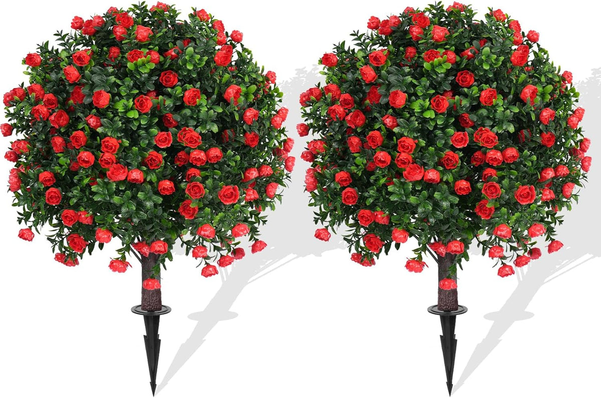 2Pcs Artificial Boxwood Topiary Ball Tree, UV Resistant Artificial Outdoor Shrubs with Spike, Decorative Evergreen Fake Topiary Bushes Plant for Front Porch Garden