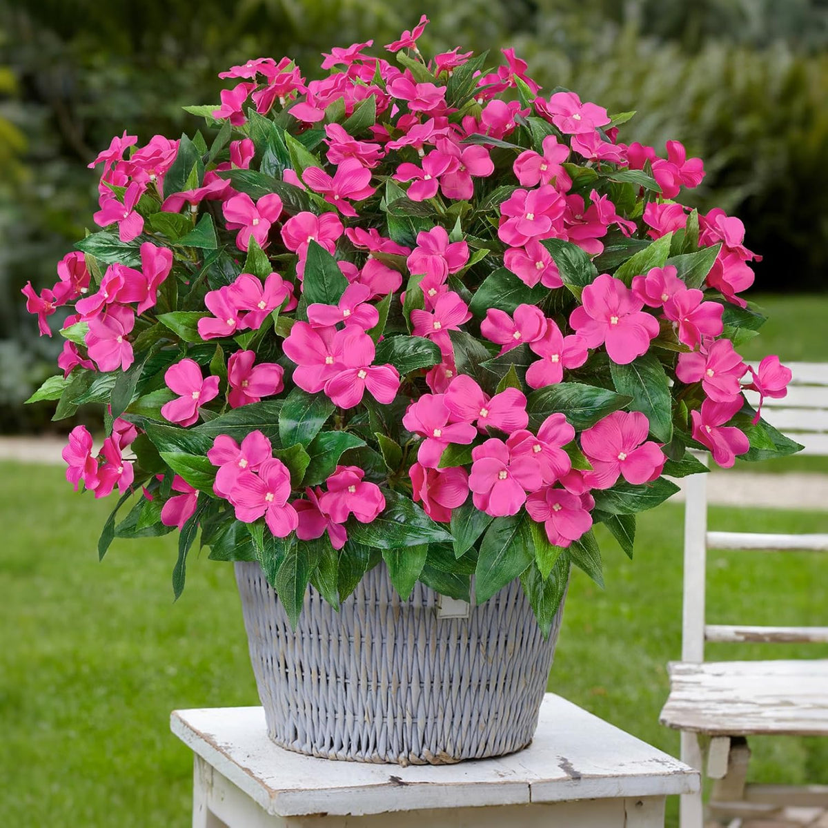 5 Pcs Artificial Flowers for Outdoors Silk Impatiens Flowers Bouquet Decorations Fake Faux Plants UV Resistant for Spring Summer Garden Patio Porch Window Box Balcony Planters Home, Red