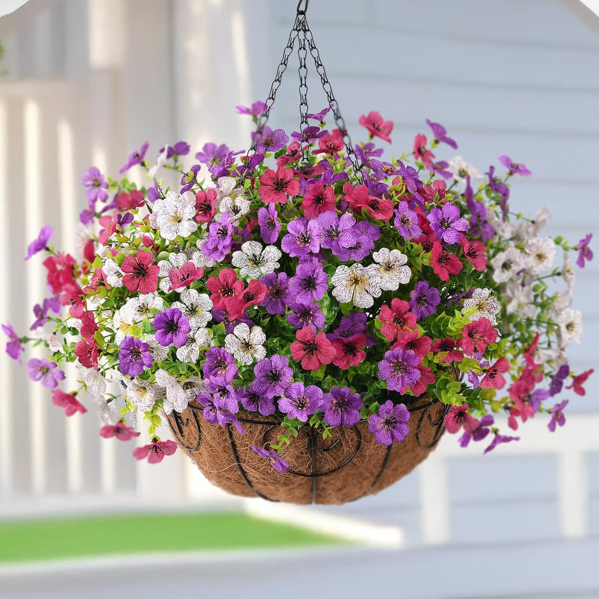 Artificial Faux Hanging Flowers Plants with Basket for Outdoor Spring Decoration, Fake Silk Daisy Outside Indoor UV Resistant Look Real Yard Patio Front Porch Garden Balcony Home Decor(Mix2)