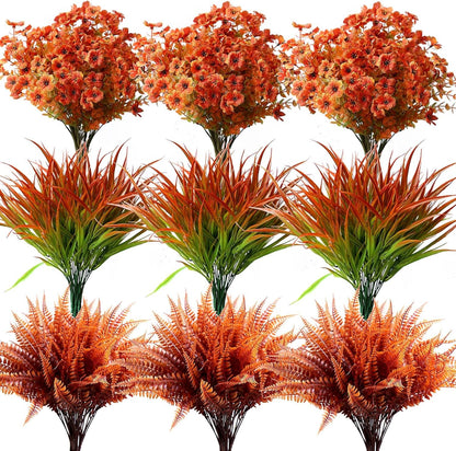 18PCS Outdoor Artificial Faux Plants Spring Summer Decorations, UV Resistant Bulk Realistic Fake Bushes Grass Eucalyptus Outside Plastic Greenery Shrubs for Front Porch Patio Window Box