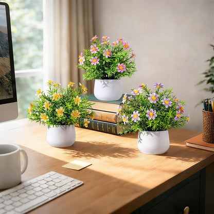 3 Pack Small Fake Plants Artificial Potted Flowers for Indoor Mini Faux Plants with Flowers Greenery for Home Decor Living Room Bathroom Bedroom Office Table Shelf (White+Yellow+Purple)