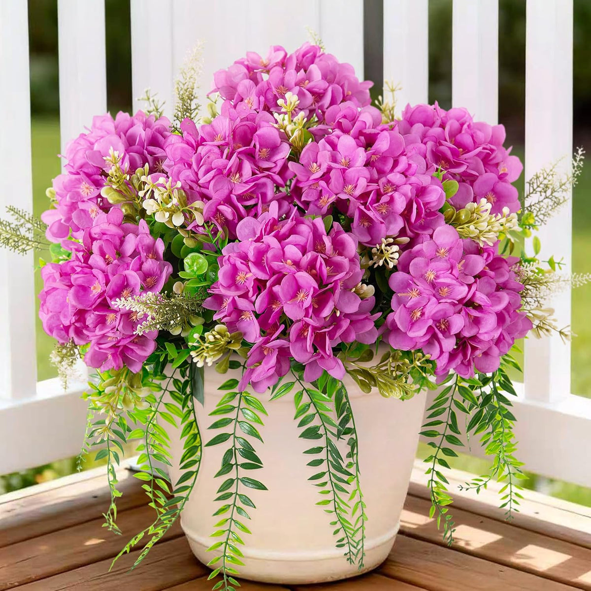 Artificial Hydrangea Flowers Silk Champagne Fake Flower with Eucalyptus for Outdoor Decorations UV Resistant Realistic Faux Plants for Garden Porch Window Box Indoor Table Decor