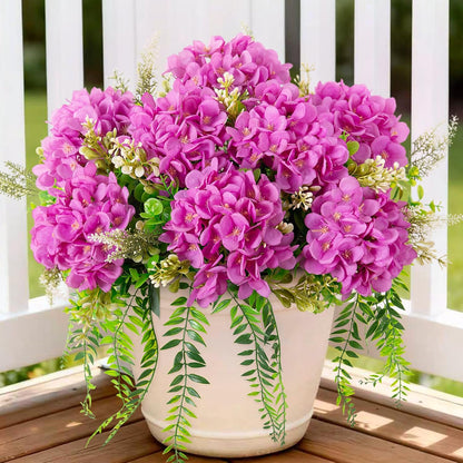 Artificial Hydrangea Flowers Silk Champagne Fake Flower with Eucalyptus for Outdoor Decorations UV Resistant Realistic Faux Plants for Garden Porch Window Box Indoor Table Decor